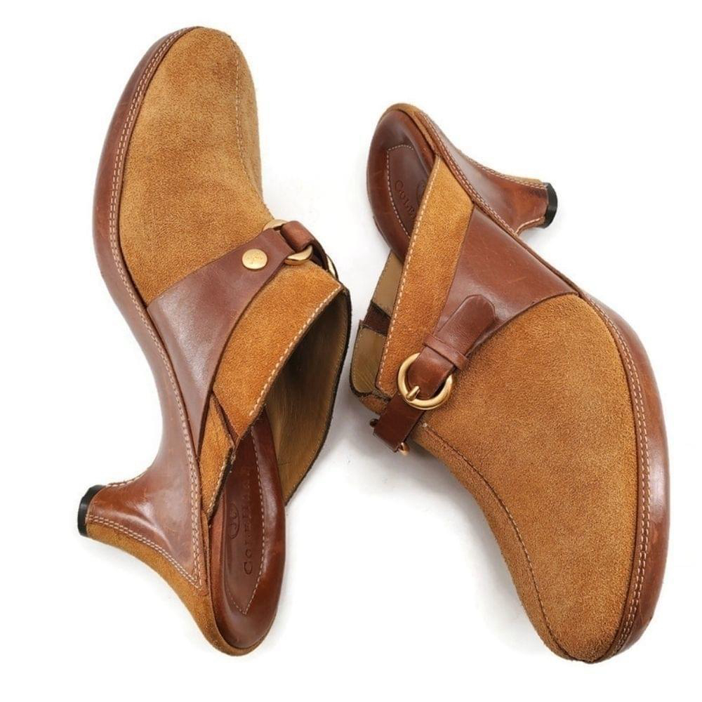 Cole Haan Tan Suede & Brown Leather Gold Buckle Strap Slide-On Mid Heel Mules - Picture 12 of 15